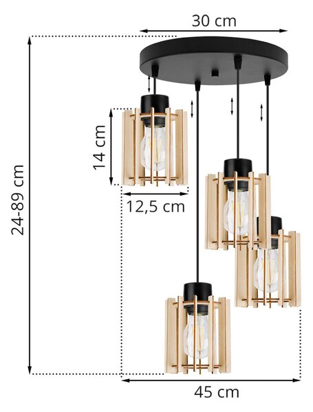 Závesné svietidlo Timber 7, 4x drevené tienidlo, o
