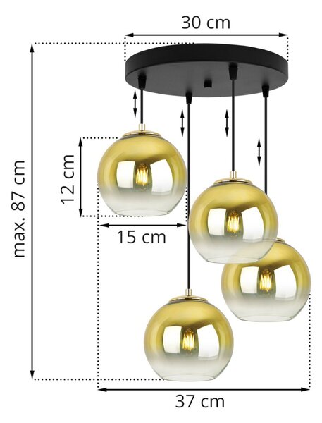 Závesné svietidlo Bergen Gold, 4x zlaté/transparentné sklenené tienidlo (fi 15cm), o