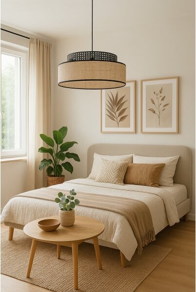 Luster na lanku BOHO 1xE27/60W/230V pr. 40 cm čierna/ratan