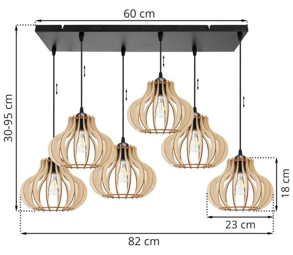 Závesné svietidlo Timber 3, 6x drevené tienidlo