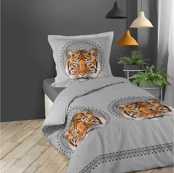 Bavlnené obliečky na posteľ sivej farby s tigrom JACANA 140 x 200 cm Sivá