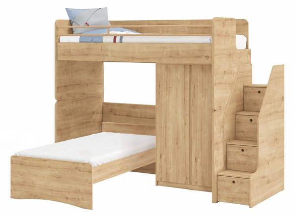 Poschodová posteľ so skriňou a schodíkmi Cody Modular - dub