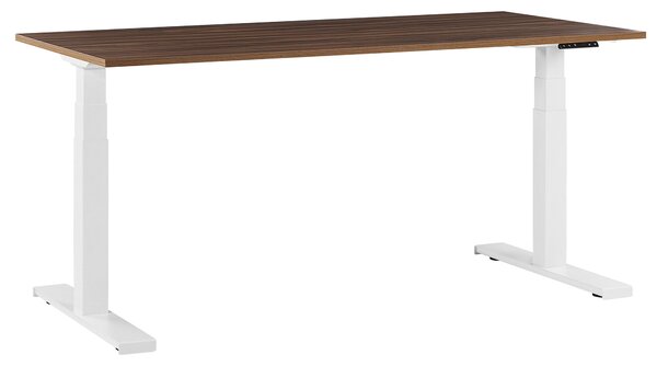 Elektricky nastaviteľný pracovný stôl z tmavého dreva, biely práškovaný oceľový rám, na sedenie a státie, 180 x 80 cm, moderný dizajn