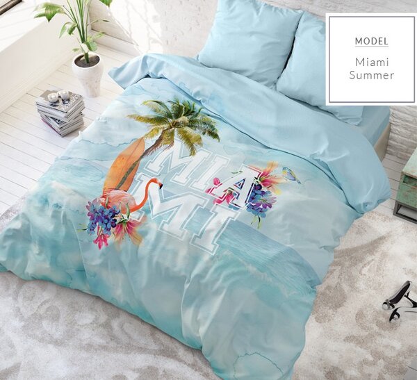 Bavlnené modré posteľné obliečky s letným motívom 180 x 200 cm Modrá