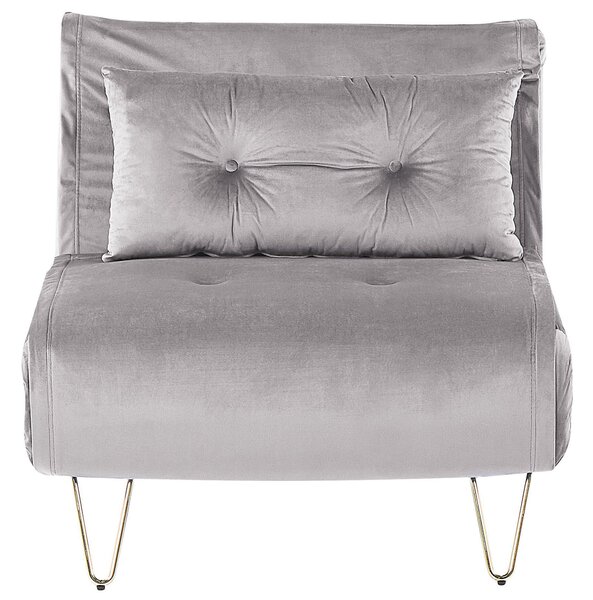 Jednodielna pohovka zo sivého zamatu dekoratívne vankúše kovové nohy v zlatej funkcii spánku nastaviteľné operadlo minimalistická očarujúca obývačka