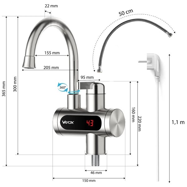 Prietokový ohrievač vody s LED displejom 3000W/230V IPX4 nerezová oceľ
