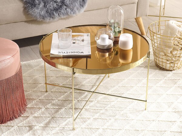 Konferenčný stolík zlatá zlatohnedá sklenená vrchná doska kovové nohy okrúhly ø 63 cm glamour dizajn