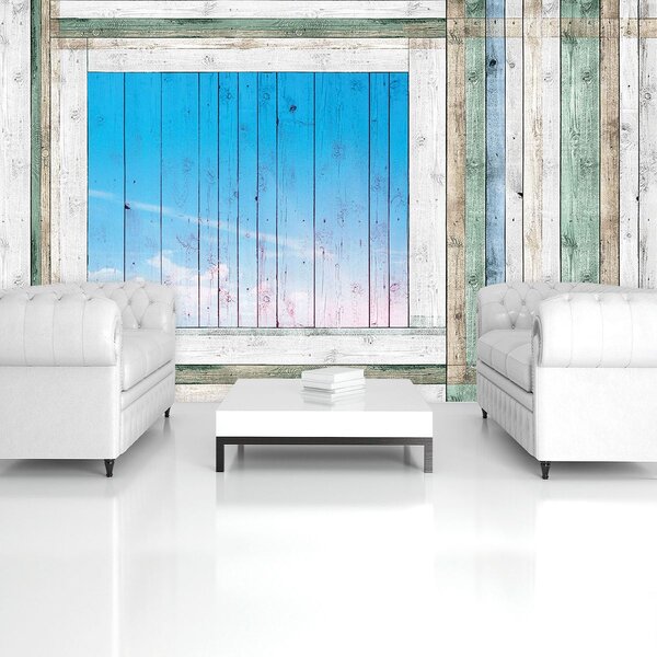 Fototapeta - Drevené dosky - modré okno (152,5x104 cm)