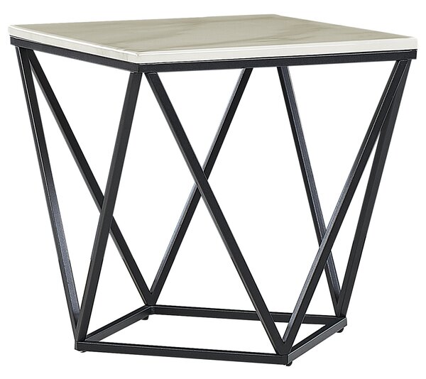 Odkladací stolík béžová vrchná doska čierny kovový podstavec 50 x 50 cm mramorová povrchová úprava glamour štýl