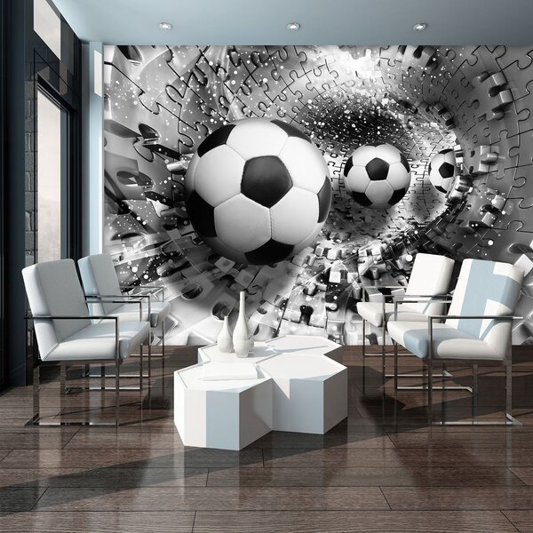 Fototapeta - Futbalové lopty v 3D puzzle tuneli (254x184 cm)