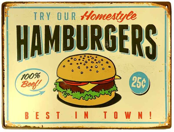 Retro plechová ceduľa Hamburgers (Malá reklamná tabuľa 30x20 cm)