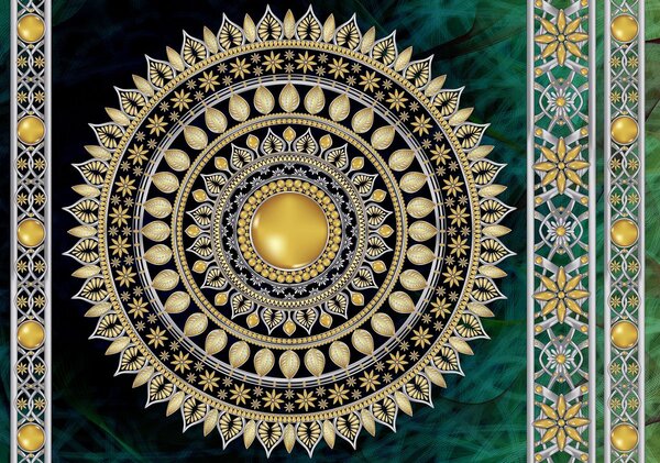 Fototapeta - Zlatá mandala v zelenej (152,5x104 cm)