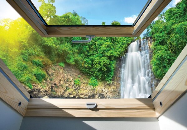 Fototapeta - Pohľad na vodopád z okna (254x184 cm)