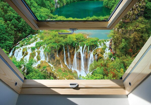 Fototapeta - Pohľad na okno vodopádu a lesa (254x184 cm)