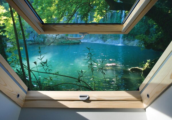 Fototapeta - Pohľad z okna na tyrkysové jazero (152,5x104 cm)