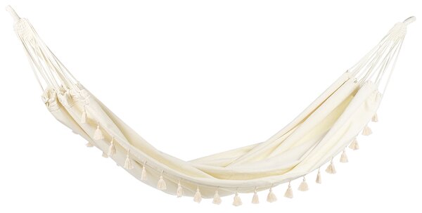 Záhradná hojdacia sieť béžová bavlna a polyester strapce do interiéru a exteriéru boho štýl