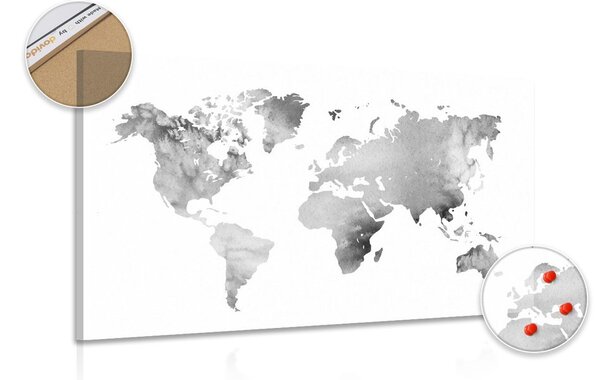 Obraz na korku mapa sveta v čiernobielom akvarelovom prevedení