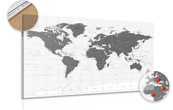 Obraz na korku politická mapa sveta v čiernobielom prevedení
