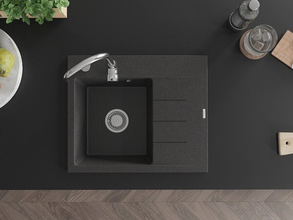 Mexen Ben, 1-komorový granitový drez 600x500x190 mm, ľavý+ chrómový sifón, čierna škvrtnitá, 6522605000-76