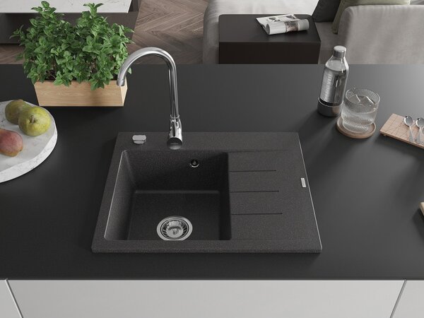 Mexen Ben, 1-komorový granitový drez 600x500x190 mm, ľavý+ chrómový sifón, čierna škvrtnitá, 6522605000-76