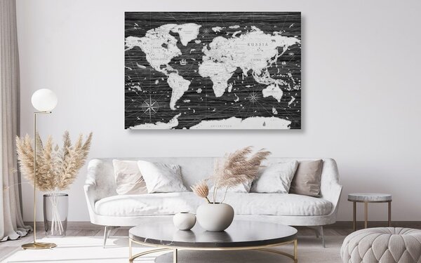Obraz na korku čiernobiela mapa na drevenom pozadí