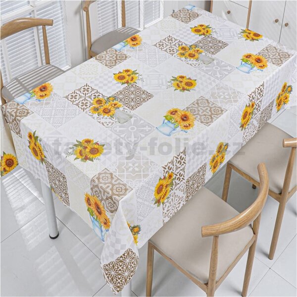 Obrus PVC 3581564, metráž, šířka 140 cm, slnečnica s hnedými ornamentami, IMPOL TRADE