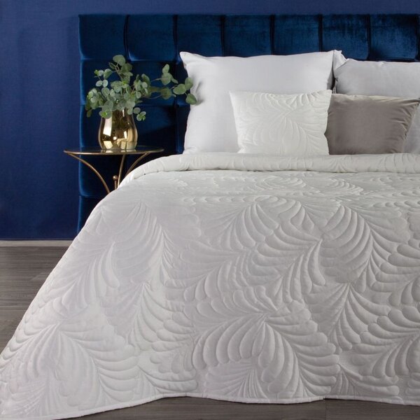 Fenomenálny biely zamatový prehoz na posteľ s motívom listov Biela