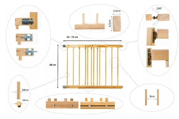 Vulpi Posuvná drevená zábrana na schody, dvere WoodyLand 52-72 cm