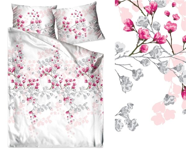 Biele posteľné obliečky s motívom kvitnúcich vetiev Ružová