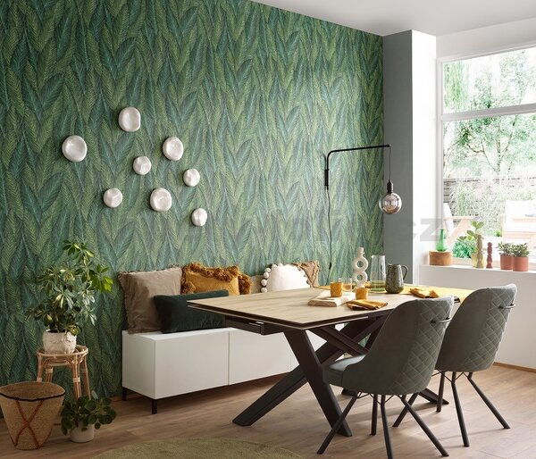 Vliesové tapety na stenu Martinique 10391-07, rozmer 10,05 m x 0,53 m, stylizované listy sytě zelené, Erismann