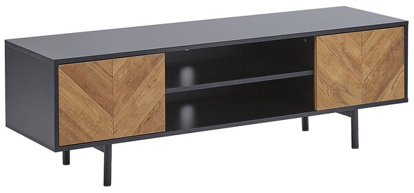 TV stolík čierna so svetlým drevom 140 cm 2 skrinky 2 police industriálny dizajn obývacia izba