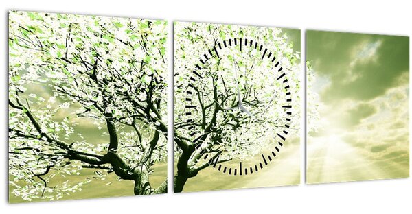 Obraz kvitnúceho stromu (s hodinami) (90x30 cm)