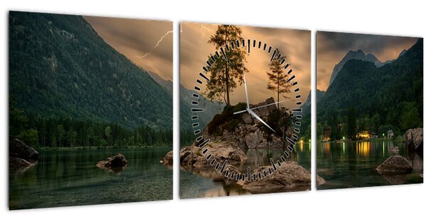 Obraz - jazero v horách (s hodinami) (90x30 cm)