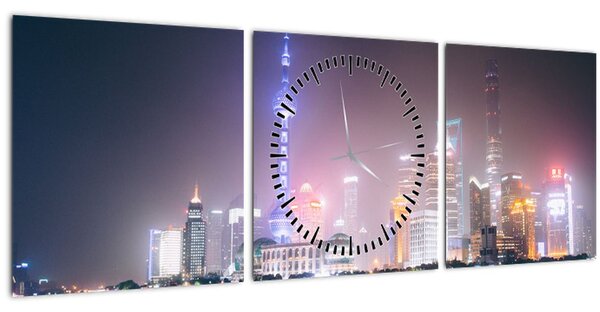 Obraz nočného Šanghaja (s hodinami) (90x30 cm)