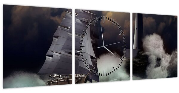 Obraz - Loď plávajúca cez búrlivé vlny (s hodinami) (90x30 cm)
