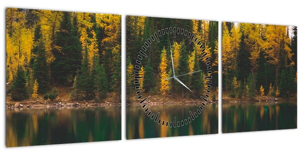 Obraz lesného jazera (s hodinami) (90x30 cm)