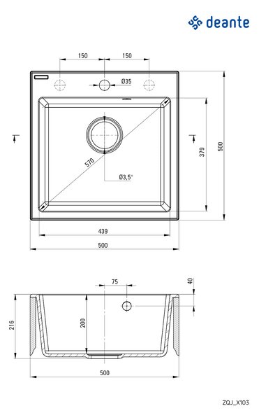 Deante Evora, 1-komorový granitový drez 500x500x216 mm + drezová batéria s elastickým ramenom, čierna, DEA-ZQJNN103