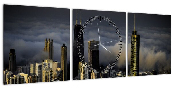 Obraz mesta v oblakoch (s hodinami) (90x30 cm)