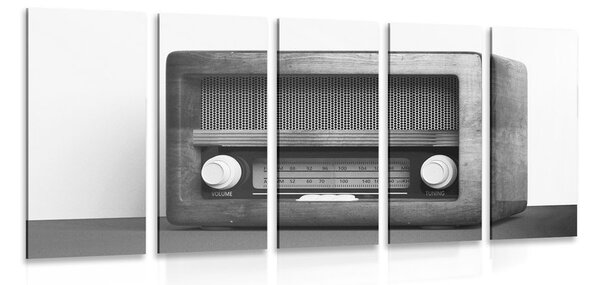 5-dielny obraz retro rádio v čiernobielom prevedení