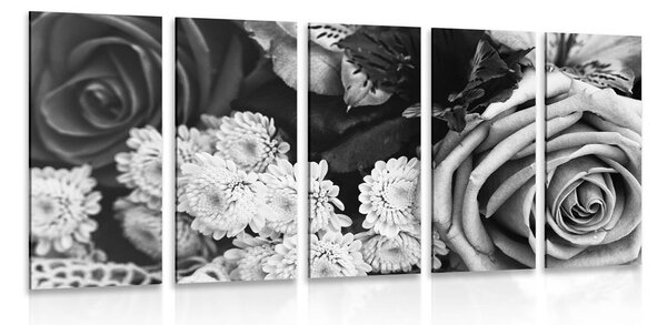 5-dielny obraz kytica ruží v retro štýle v čiernobielom prevedení