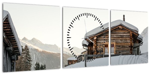Obraz - horská chata v snehu (s hodinami) (90x30 cm)
