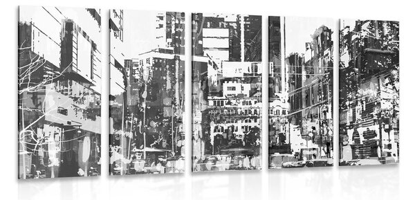 5-dielny obraz abstraktná panoráma mesta v čiernobielom prevedení