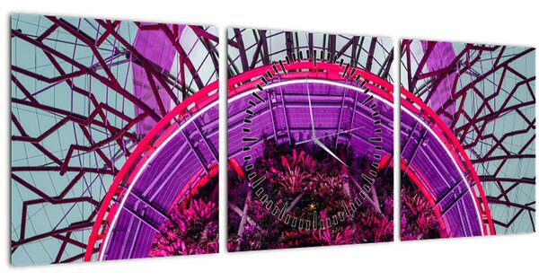 Abstraktný obraz - fialové vetvy (s hodinami) (90x30 cm)
