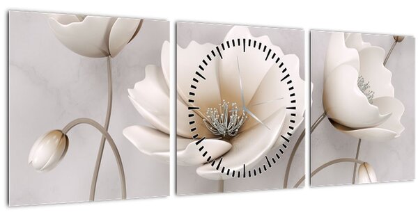 Obraz bielych kvetín (s hodinami) (90x30 cm)