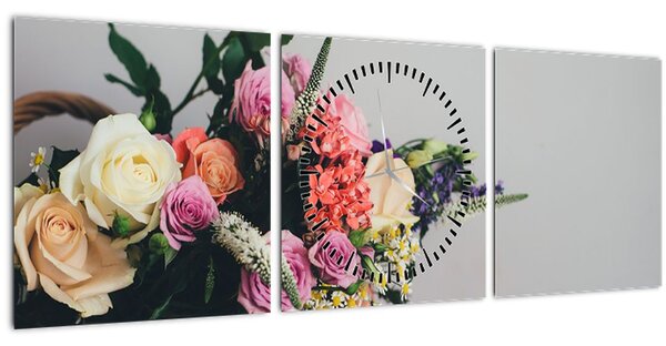 Obraz košíka s kvetinami (s hodinami) (90x30 cm)