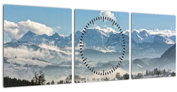 Obraz zasnežených hôr (s hodinami) (90x30 cm)