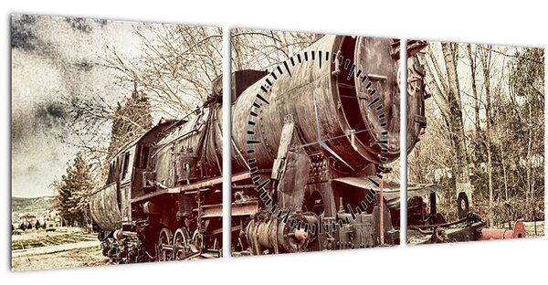 Historický obraz lokomotívy (s hodinami) (90x30 cm)