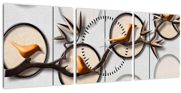 Umelecký obraz - Vtáčiky na vetve (s hodinami) (90x30 cm)