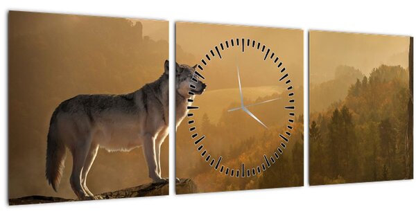Obraz vlka na skale (s hodinami) (90x30 cm)