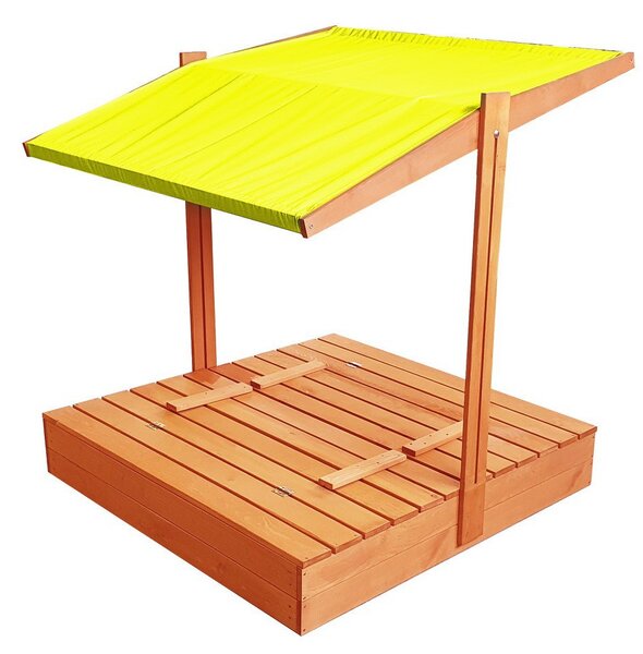 Zatvárateľné pieskovisko s lavičkami a strieškou žltej farby 120 x 120 cm Žltá